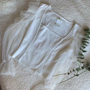 White mesh sleeve square neck long sleeve top